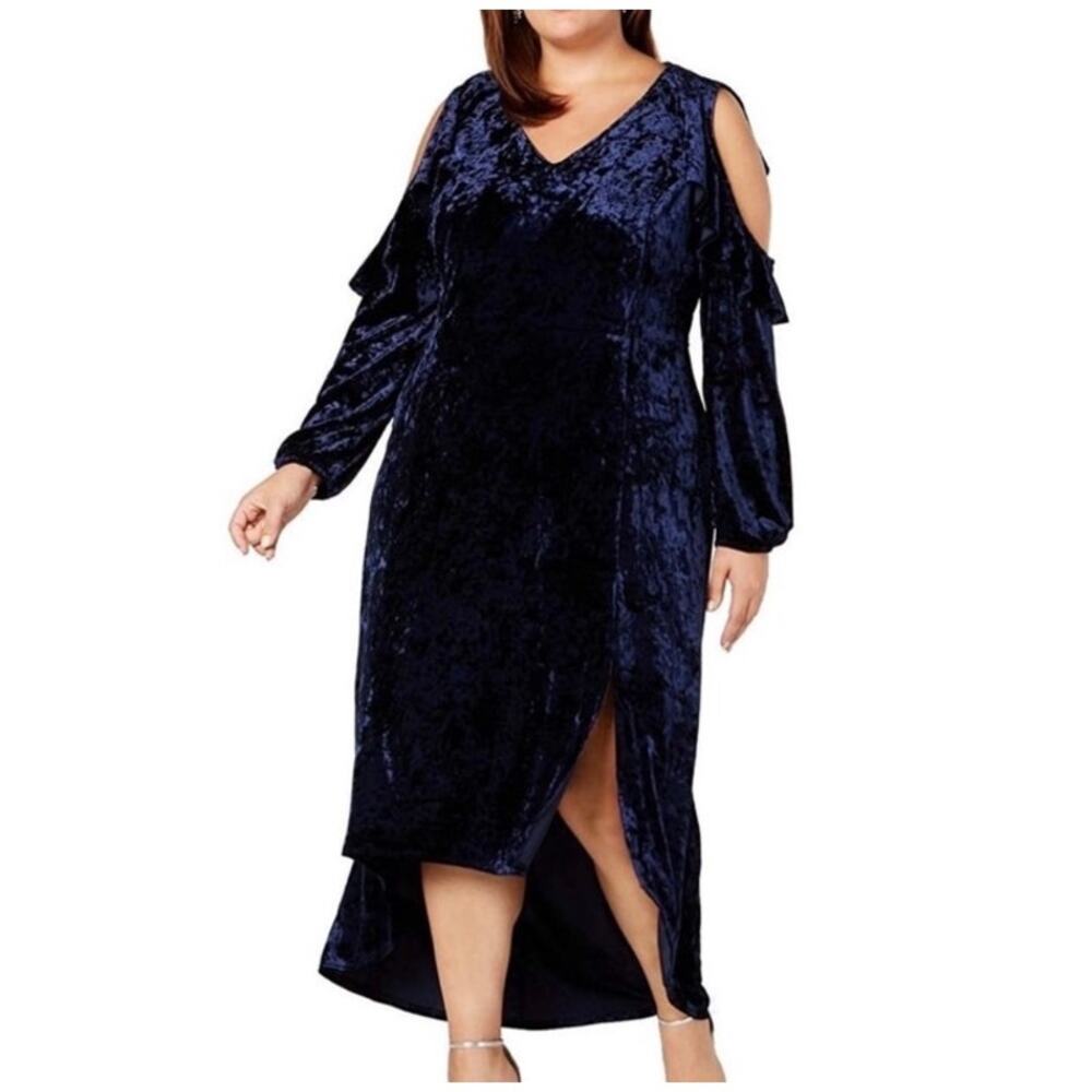 NY Collection Petite Plus Crushed Velvet Cold Shoulder Maxi Dress Navy Blue 1X